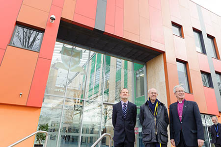 The Archbishop Flanked by the Principal and the Bishop of Birmingham outside the Entrance to the Academy