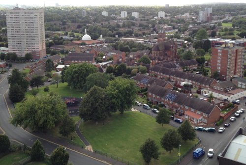 View of Highgate from Wilmcote Tower with St Alban's Church and the Birmingham Central Mosque