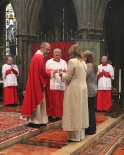 Fr Nicholas Receives the Bread, Wine and Water from Monica Lee and Maggie Tucker on St Alban's Day 2015