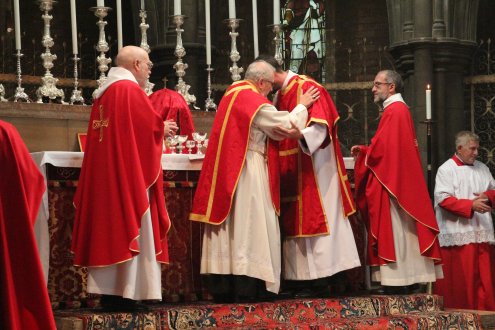 Bishop Geoffrey Rowell Gives the Peace to the Deacon Anthony Murley, Flanked by Cannon Jim Pendorf and Fr Nicholas lo Polito; St Alban's Day 2015